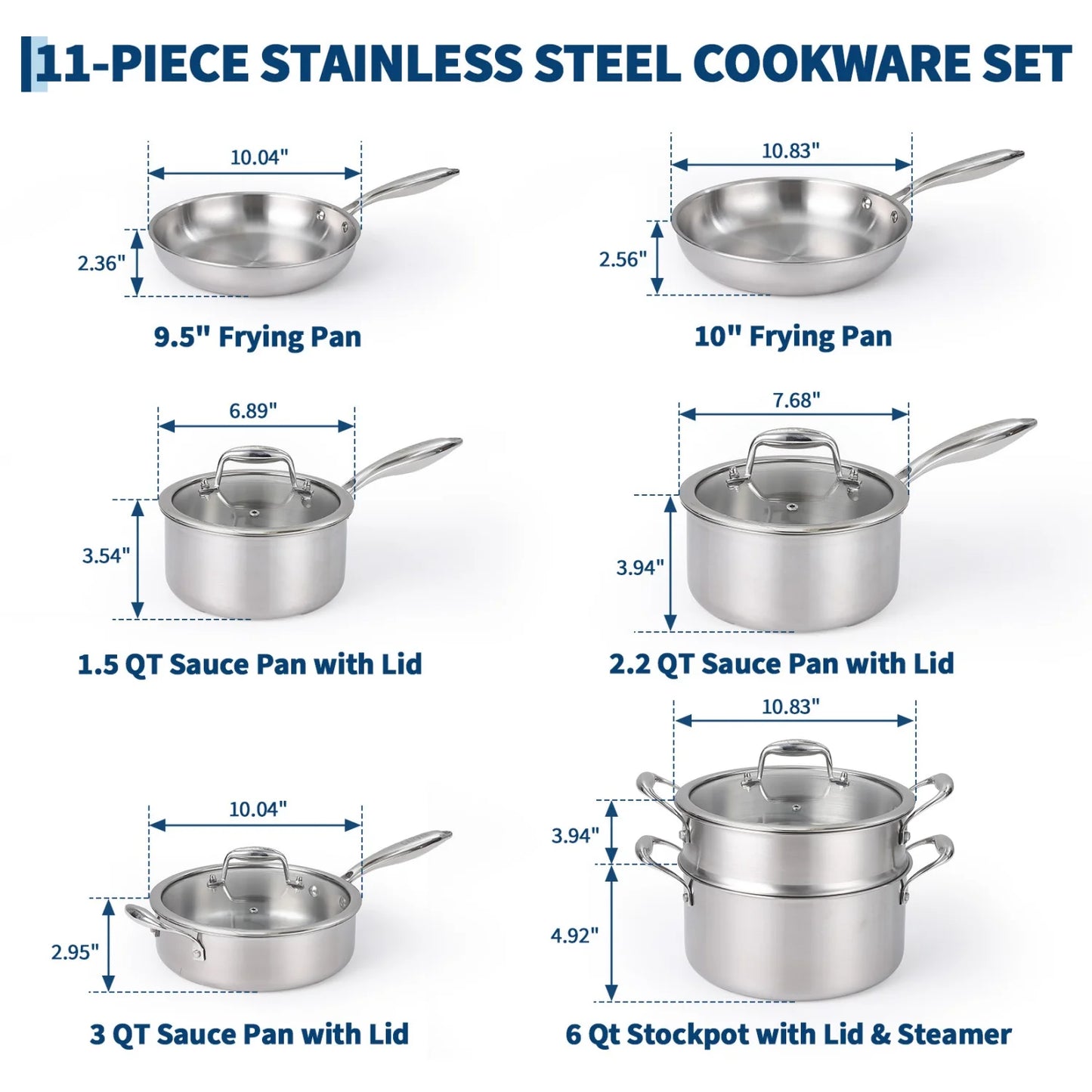 3 Ply Stainless Steel 11-Piece Cookware Set with Lids, Pots and Pans Kitchen Set,Frying Pans, Saute Pan & Stock Pot