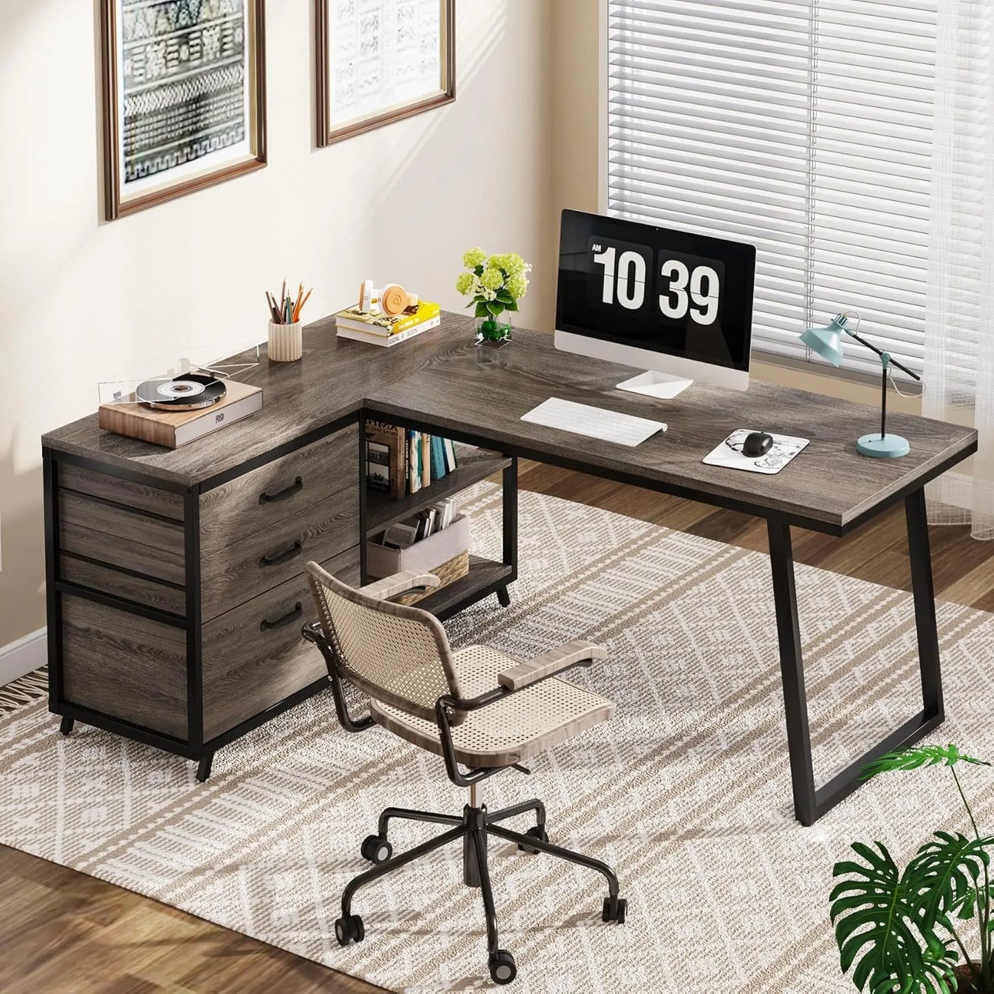 LITTLE TREE L-Shaped Desk with 3 Drawers, Reversible Corner Desk for Home and Office with Shelves, 130cm Industrial PC Desk