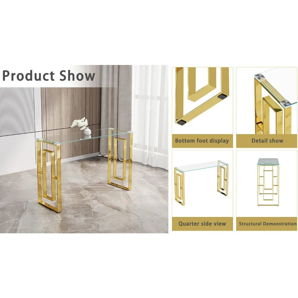Toughened Glass Console Table,Clear Glass Accent Console Sofa Table with Stainless Steel Frame,Gold Entry Tables for Hallway, So