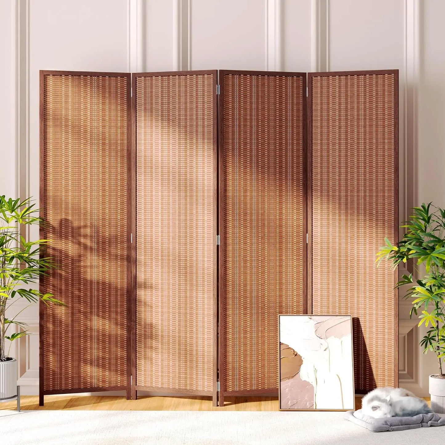 6ft Folding Privacy Screens 4-Panel Freestanding Room Dividers, Reddish Brown, 70.9" H x 79.9" W, Customized