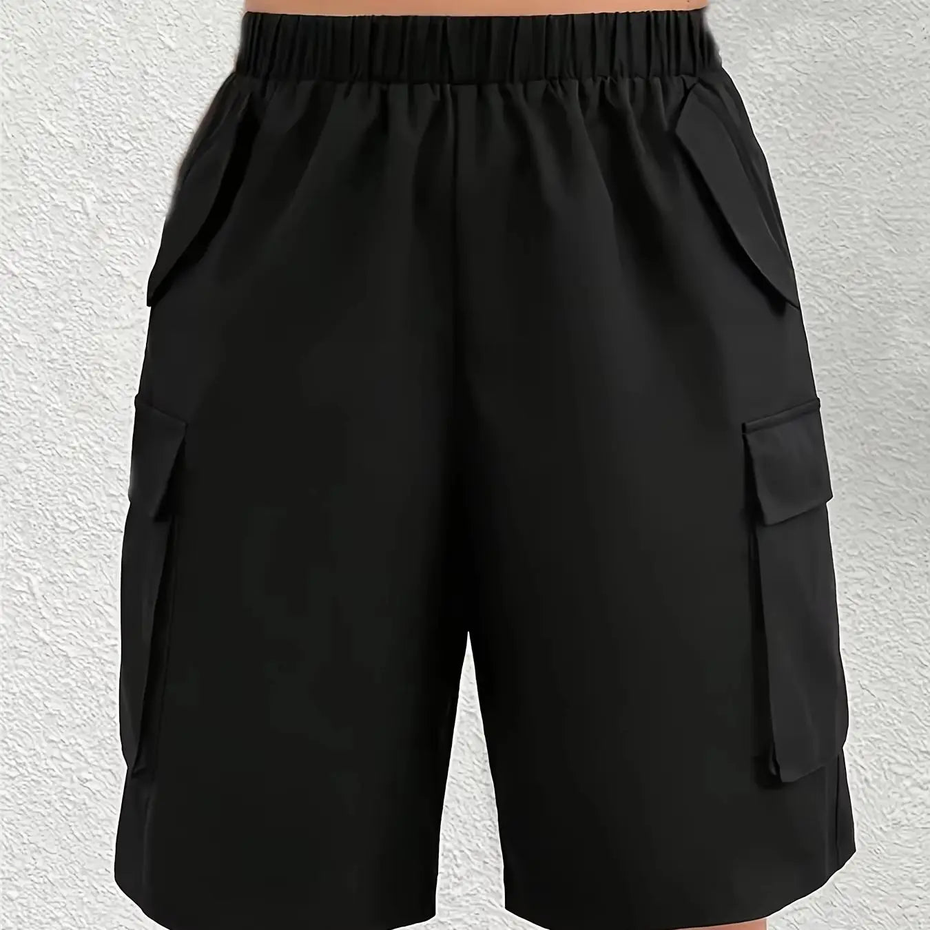European and American plus size women's black elastic waist multi-pocket cargo shorts; loose wide-leg side 3D large pocket casual sports knee-length