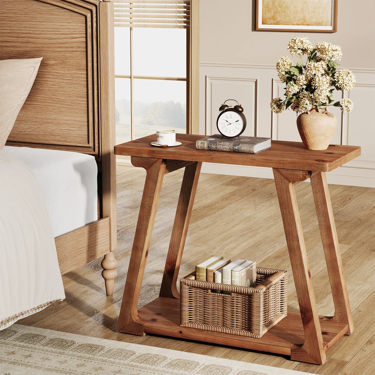 2-Tier Solid Wood End Table, Narrow Side Table, Rectangle Farmhouse Nightstand for Living Room, Bedroom, Easy Assembly
