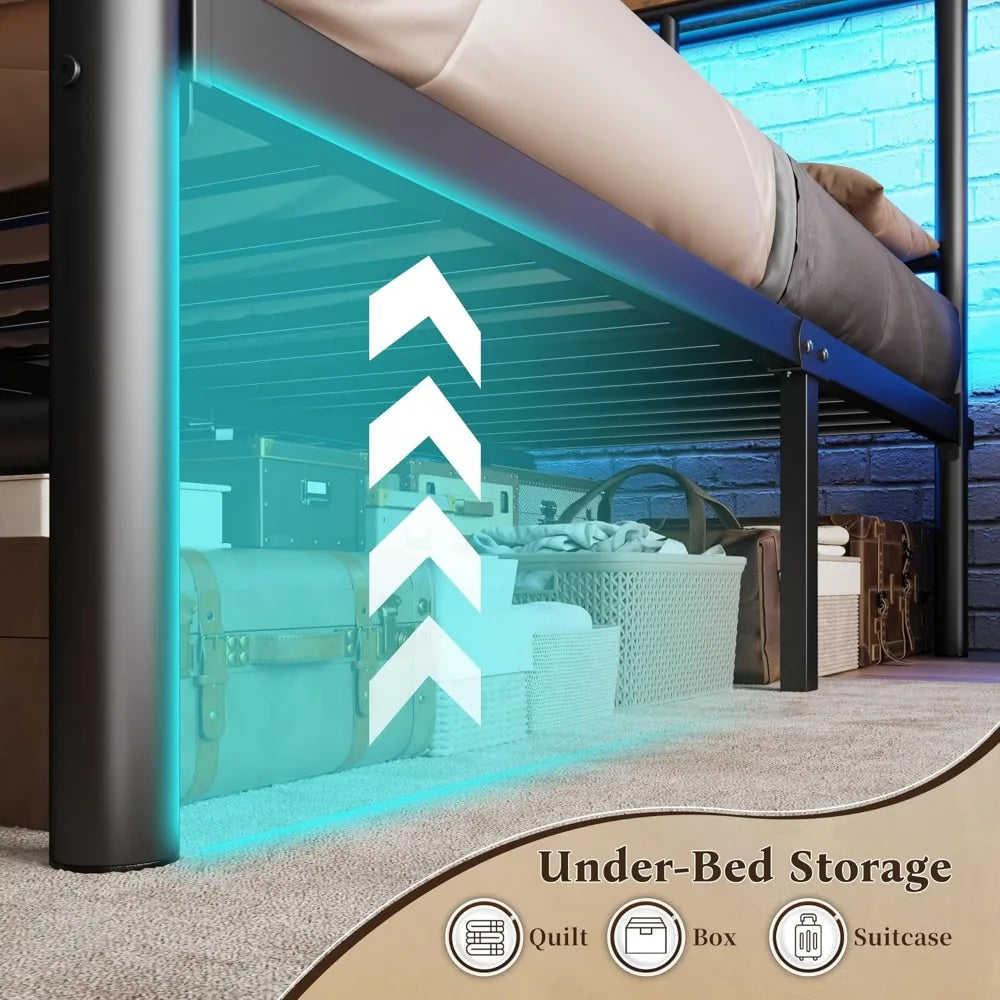 Metal Queen Bed Frame with Headboard and Footboard, Queen Size Bed Frame with LED Light, Mattress Foundation with Under Bed Stor