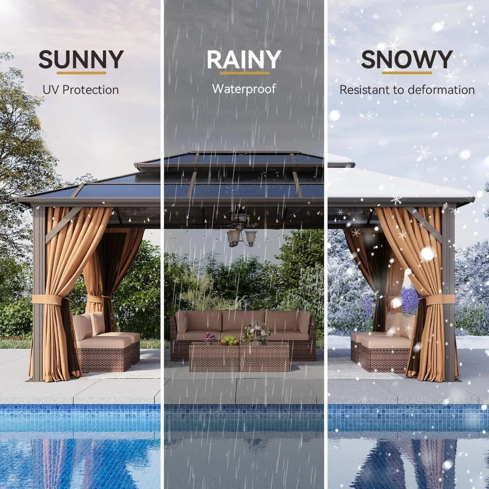 12'x16' Hardtop Gazebo, Aluminum Frame Permanent Pavilion with Netting and Curtains, Outdoor Polycarbonate Double Roof