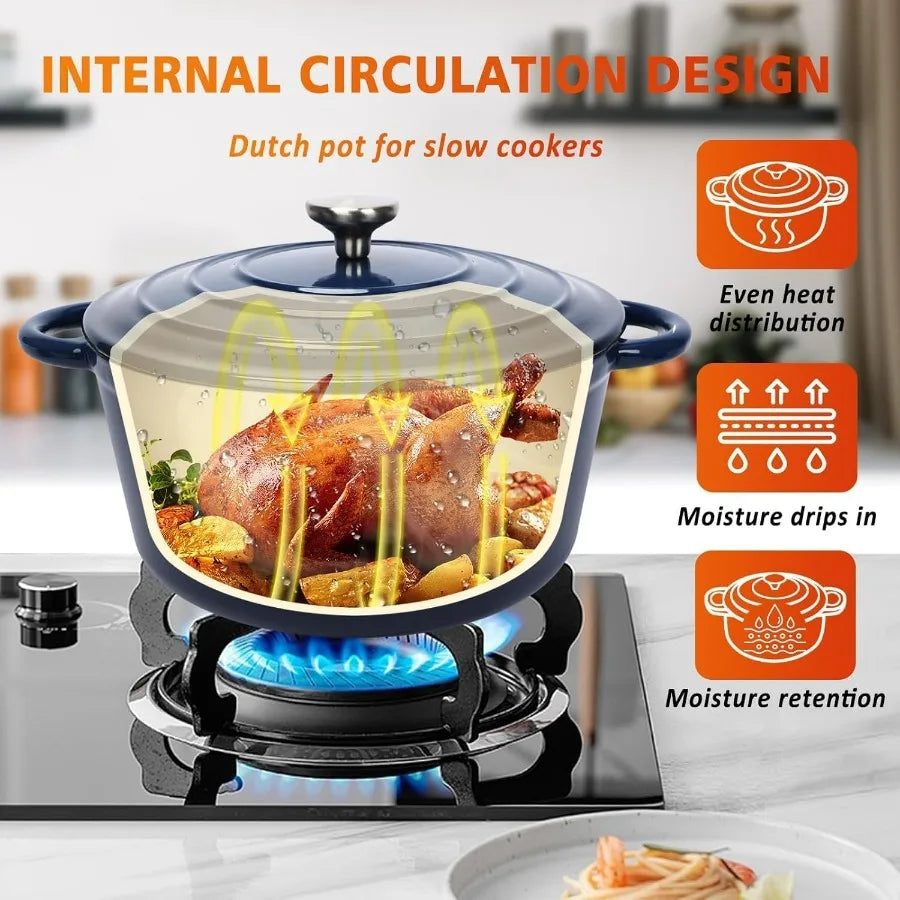 Enameled Cast Iron Cookware Set - 7 Piece Set of Dutch Ovens, Sauce Pan, Skillet, 3 Lids, Dutch Oven Set, Ceramic Coated Cast Ir