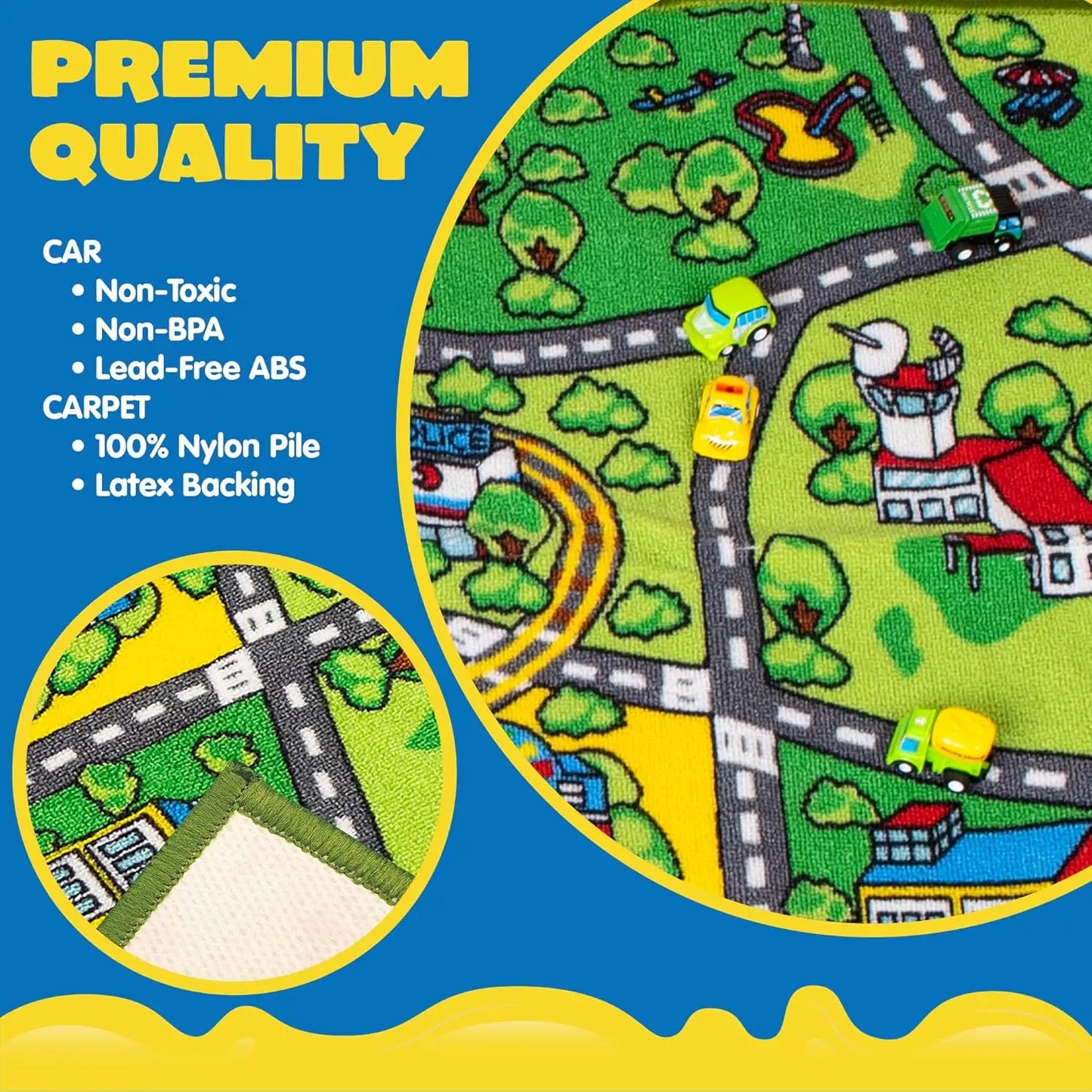 JOYFY Carpet Playmat w/ 12 Cars Pull-Back Vehicle Set for Kids Age 3+ Jumbo Play Room Rug City Pretend Play Multiple Color
