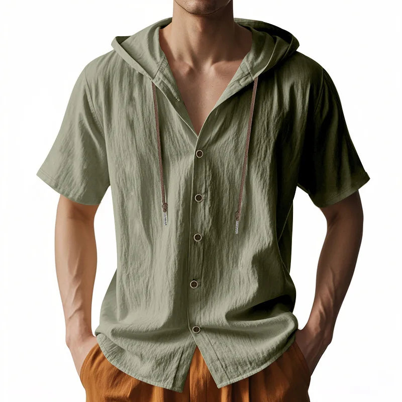 Men s Short Sleeve Hooded Shirt with Button Closure Solid Color Summer Top for Casual Daily Wear and Outdoor Activities