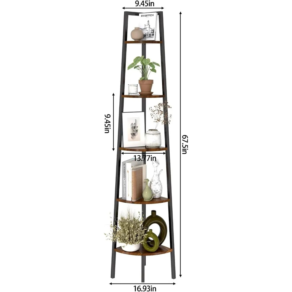 Corner Shelf, 5-Tier Corner Bookshelf with LED Light, 67.5in Corner Shelves for Bedroom, Tall Standing Shelf with Steel Frame,