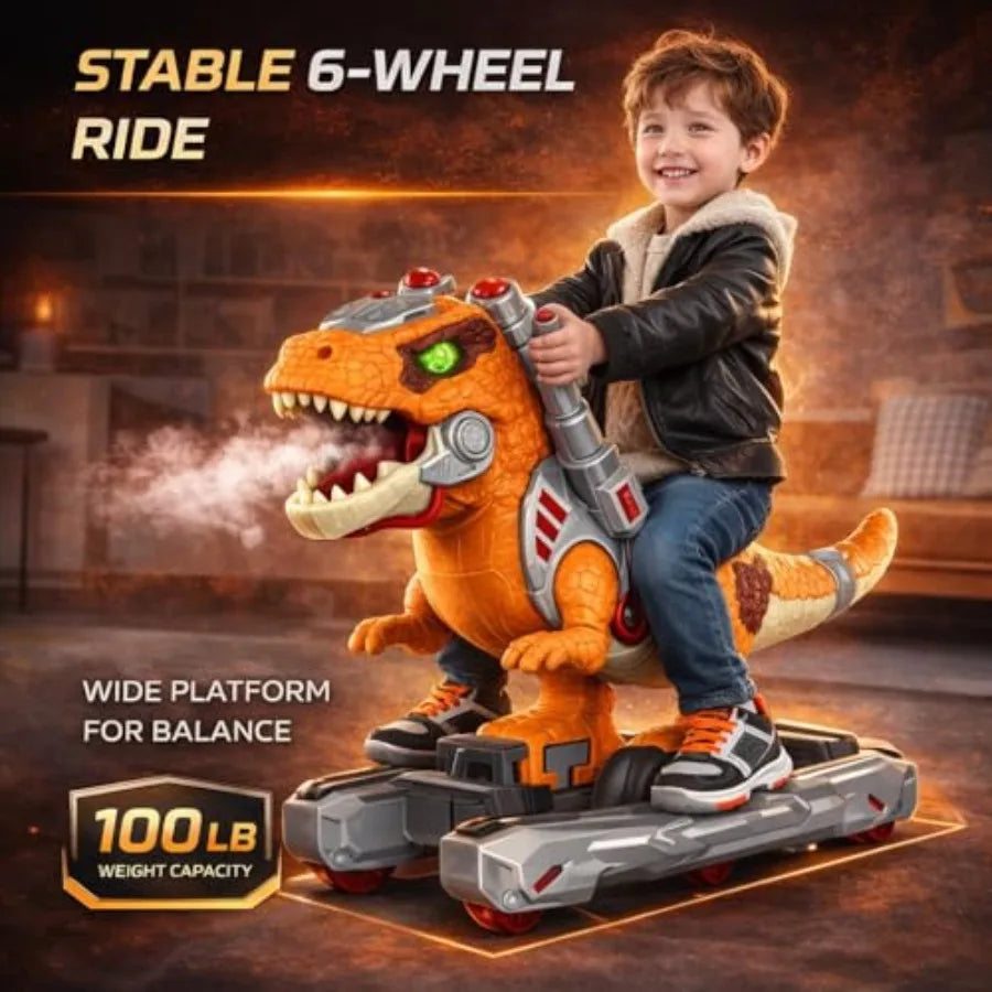 Dinosaur Ride On Push Car for Toddlers: Plastic, Red, Battery Operated with Music, Light Smoke Effects