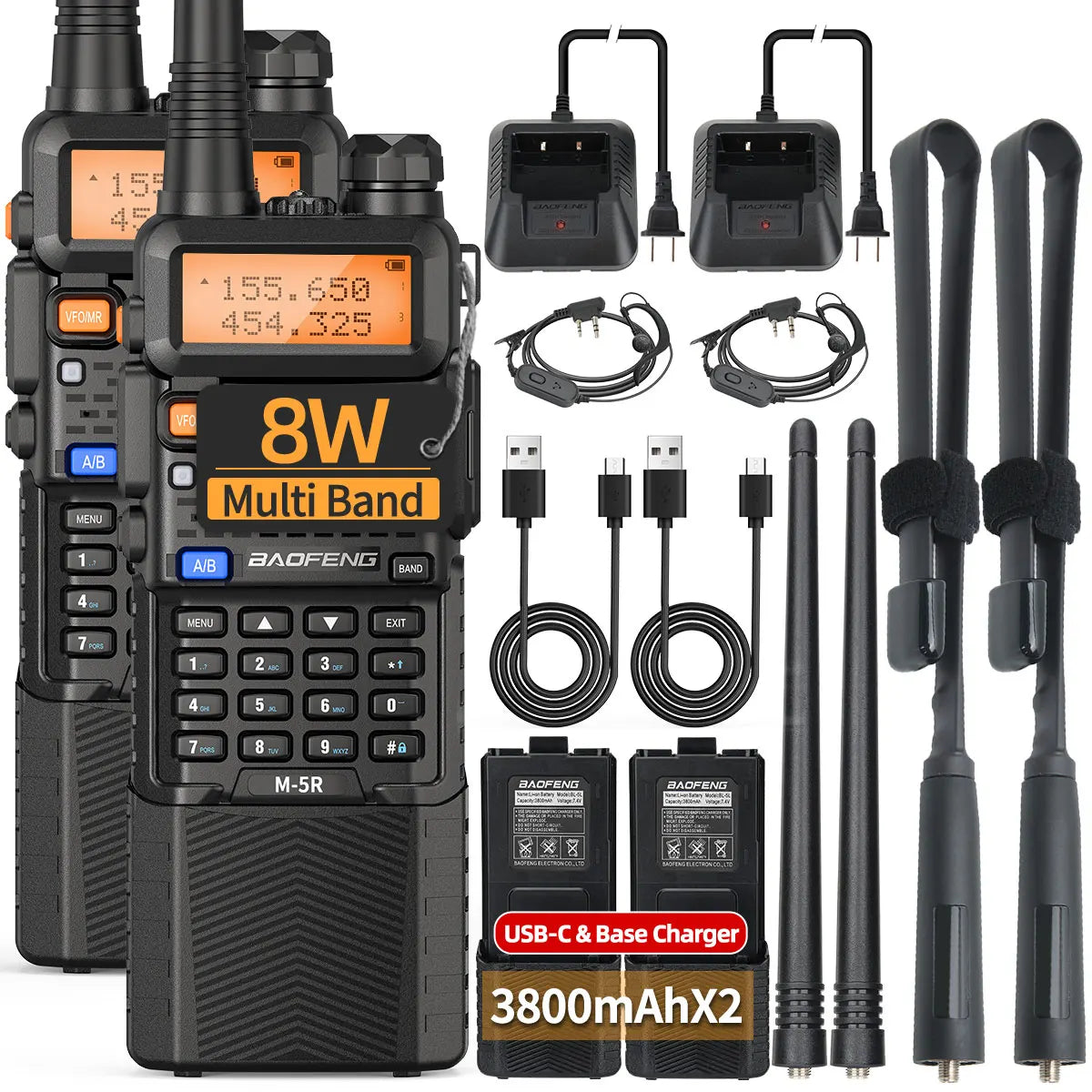 2PCS Baofeng M-5R Walkie Talkie Multi Band Rechargeable 3800mAh Battery UV-5R Ham Radio Handheld Long Range for Hunting Camping