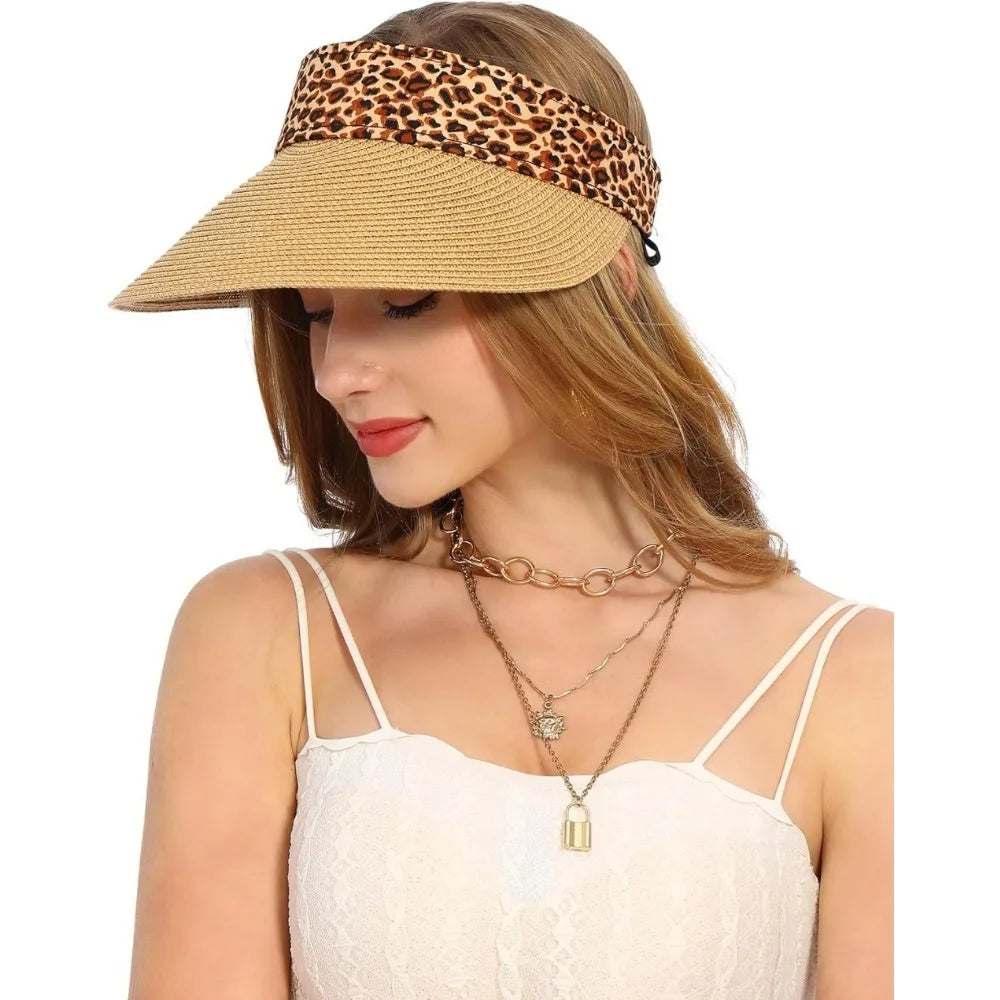 Womens Sun Hat Straw Visor UV Protection Wide Brim Packable Travel Summer Cap for Beach