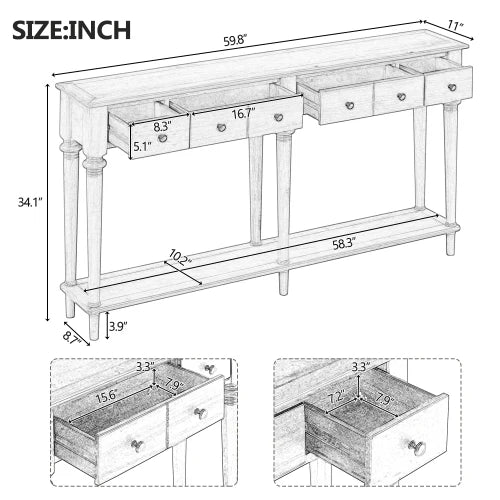 Rustic Pine Console Table with 4 Drawers and Open Shelf for Entryway