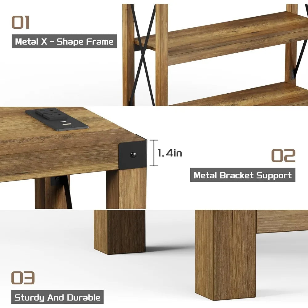 47.2 Entryway Table with Outlets and USB Ports, Console Table with 3-Tier Open Storage Shelves, Wooden Sofa Table with Metal X-S