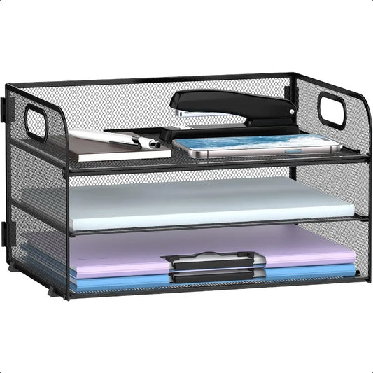 3 Tier Paper Organizer With Handle Mesh Desk Letter Tray File Organizer for A4 Folder Black