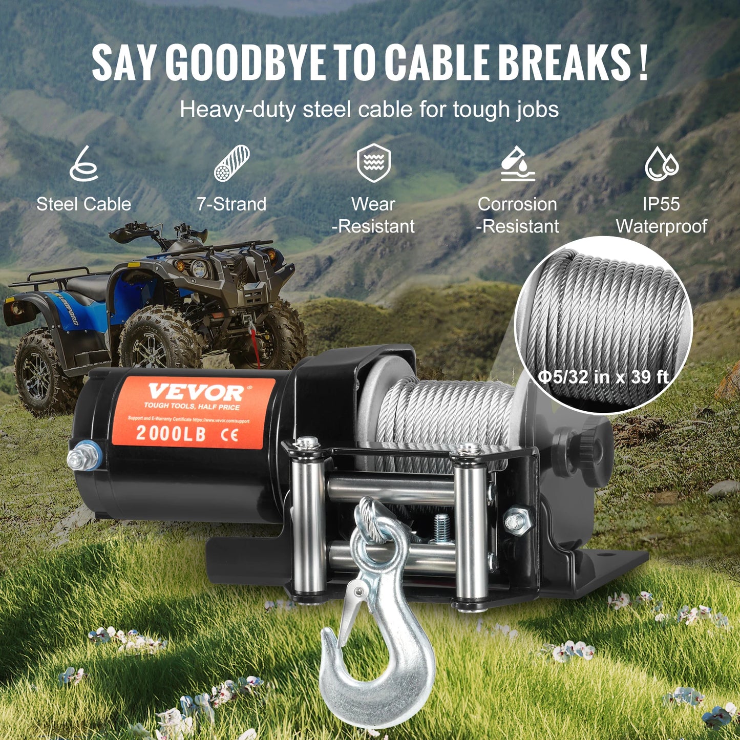 SucceBuy 2000lbs Electric Car Winch ATV/UTV Steel Cable Winch with Wired Remote Control for Towing Off-Road Vehicle Jeep Truck