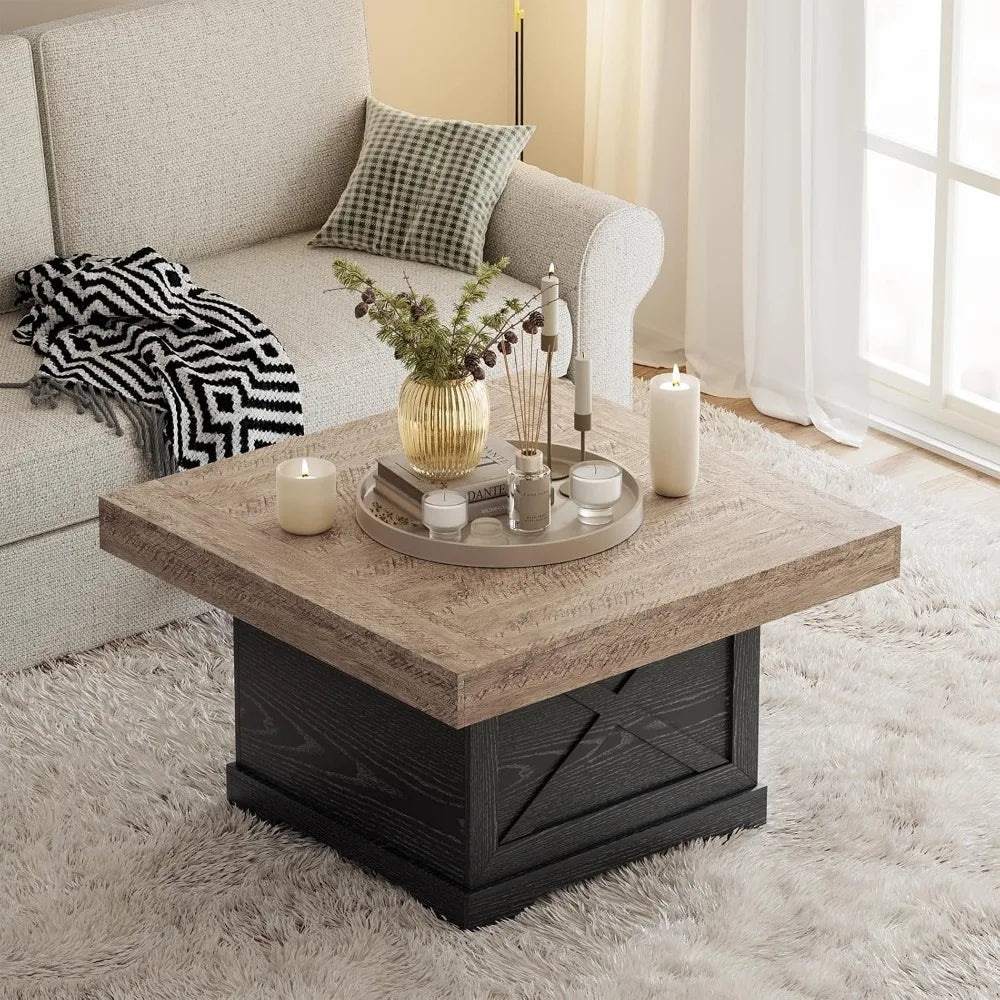 Rustic 31.5 Inch Square Coffee Table with Wooden X Pedestal for Small Spaces