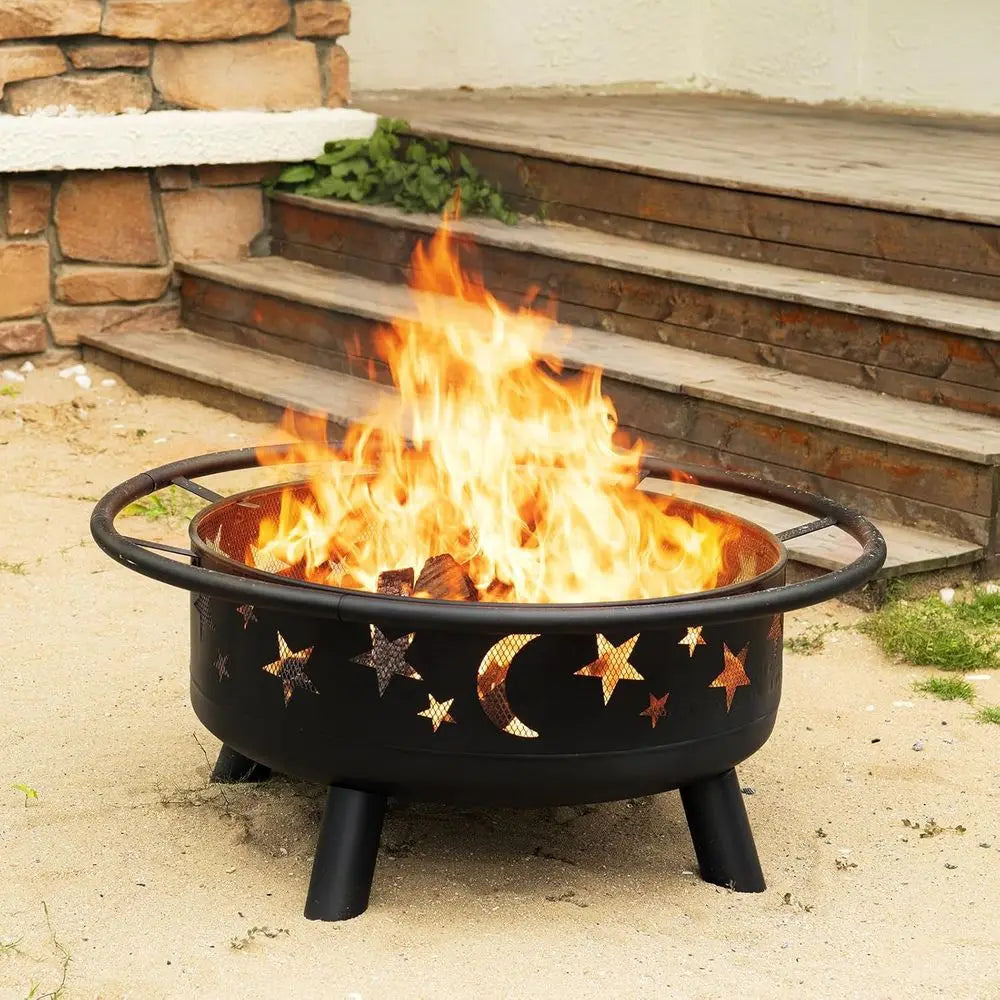 32 Inch Round Fire Pit with Mesh Cover, Fire Poker, Star and Moon Design, Metal Wood Burning Outdoor Fire Pit for Patio, Backyar