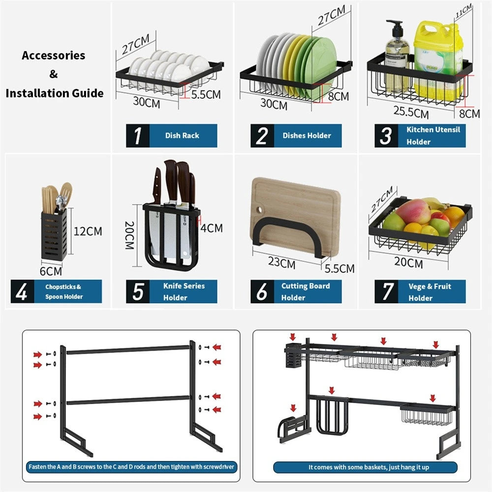 Dish Drying Rack - Over The Sink Dish Drainer Drying Rack with Utensil & Knife Holder, Hooks, Stainless Steel Kitchen Organizers