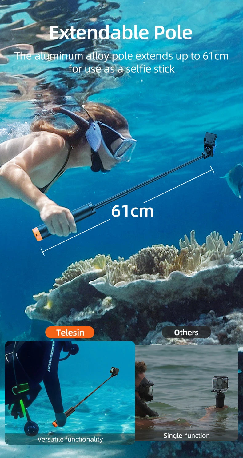 TELESIN 4 in 1 Selfie Stick Floating Hand Grip Tripod Waterproof Extendable Selfie Monopod for GoPro DJI OSMO Action Insta360
