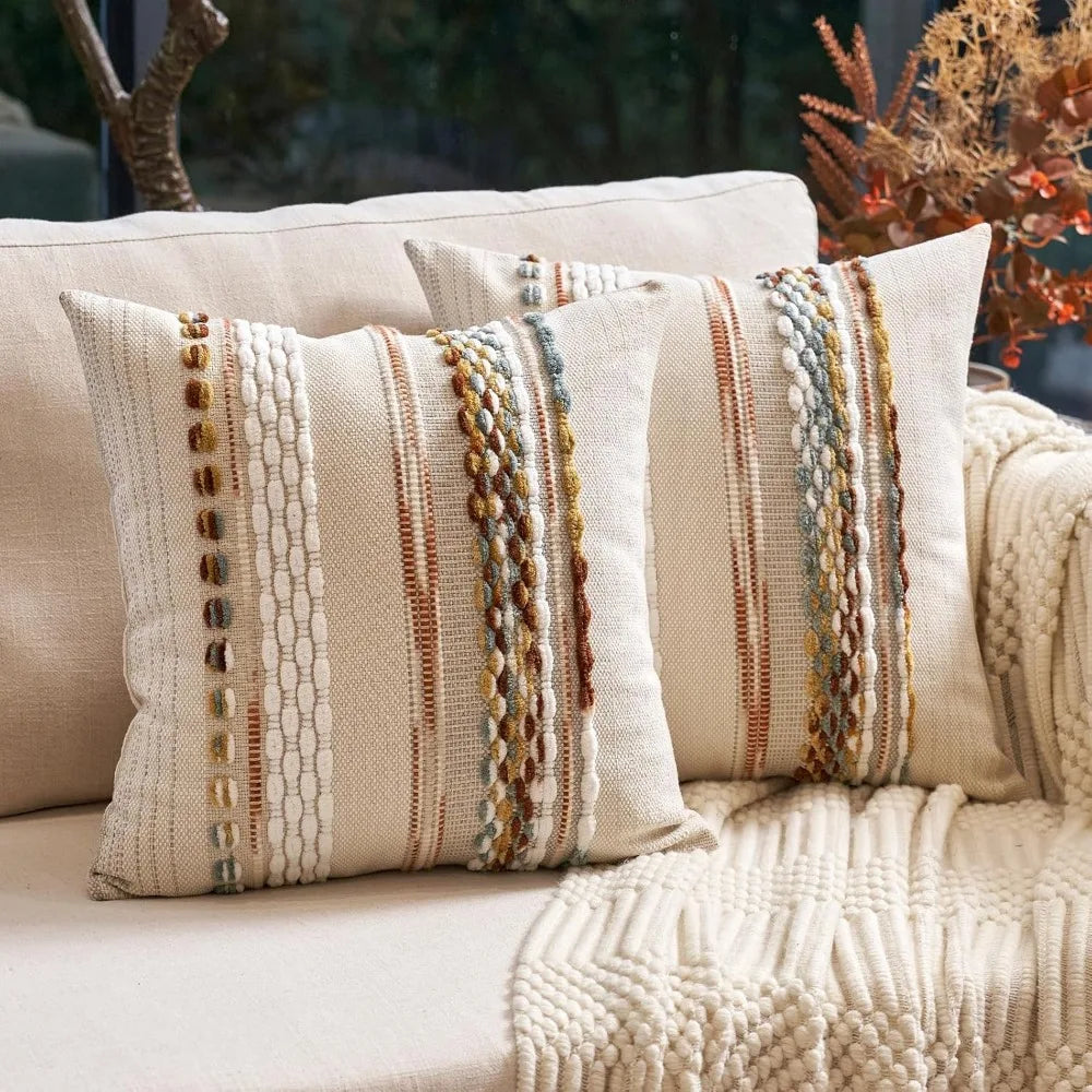 Boho Striped Chenille Tufted Pillow Covers 18x18 Set of 2 Orange White Neutral Decorative for Couch Bed