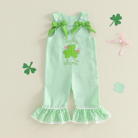 Stylish Girls St Patrick s Day Overall Jumpsuit with Sleeveless Design Embroidered Clover Detail and Flared Pants