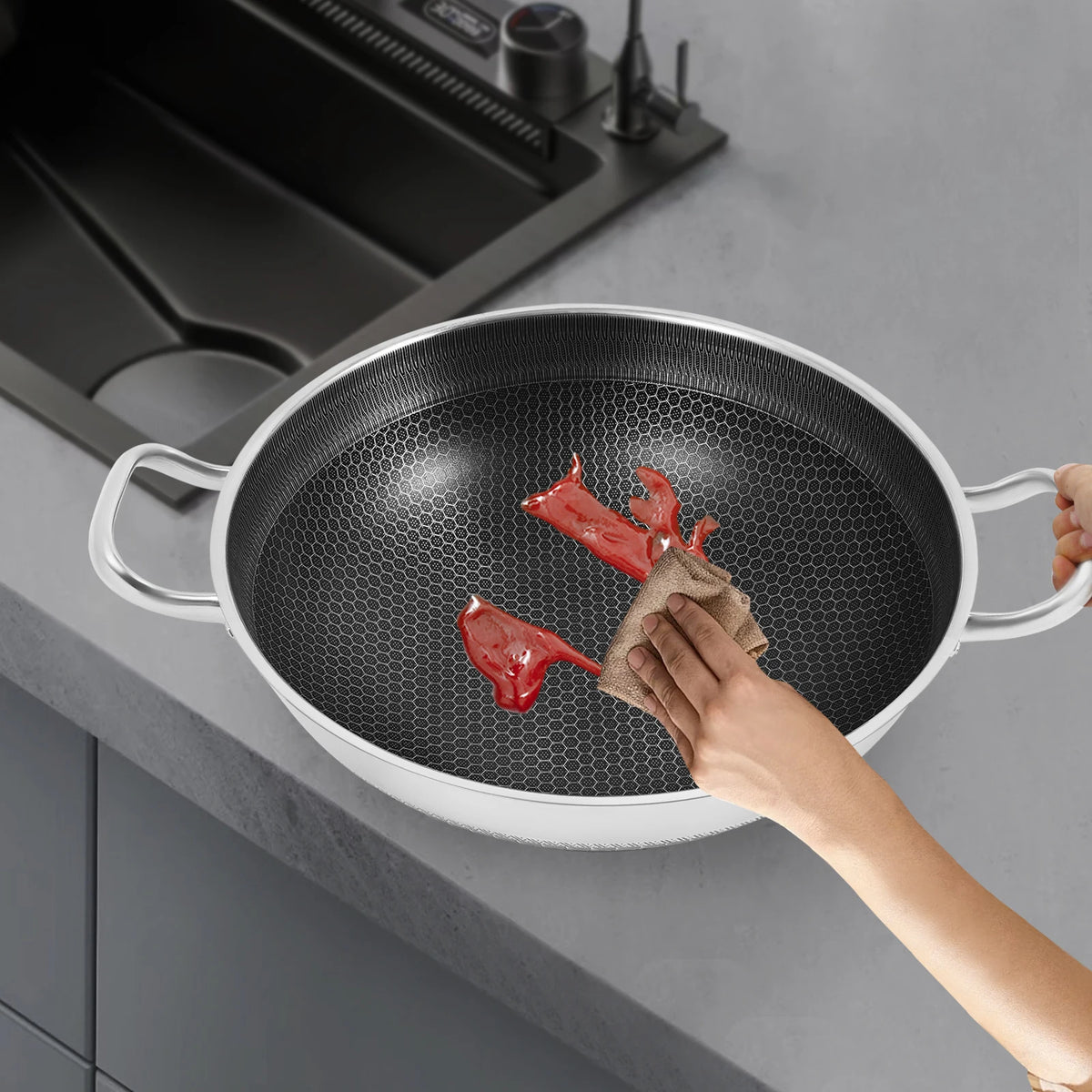 Stainless Steel Nonstick Wok Pan With Tempered Glass Lid For Most Stoves