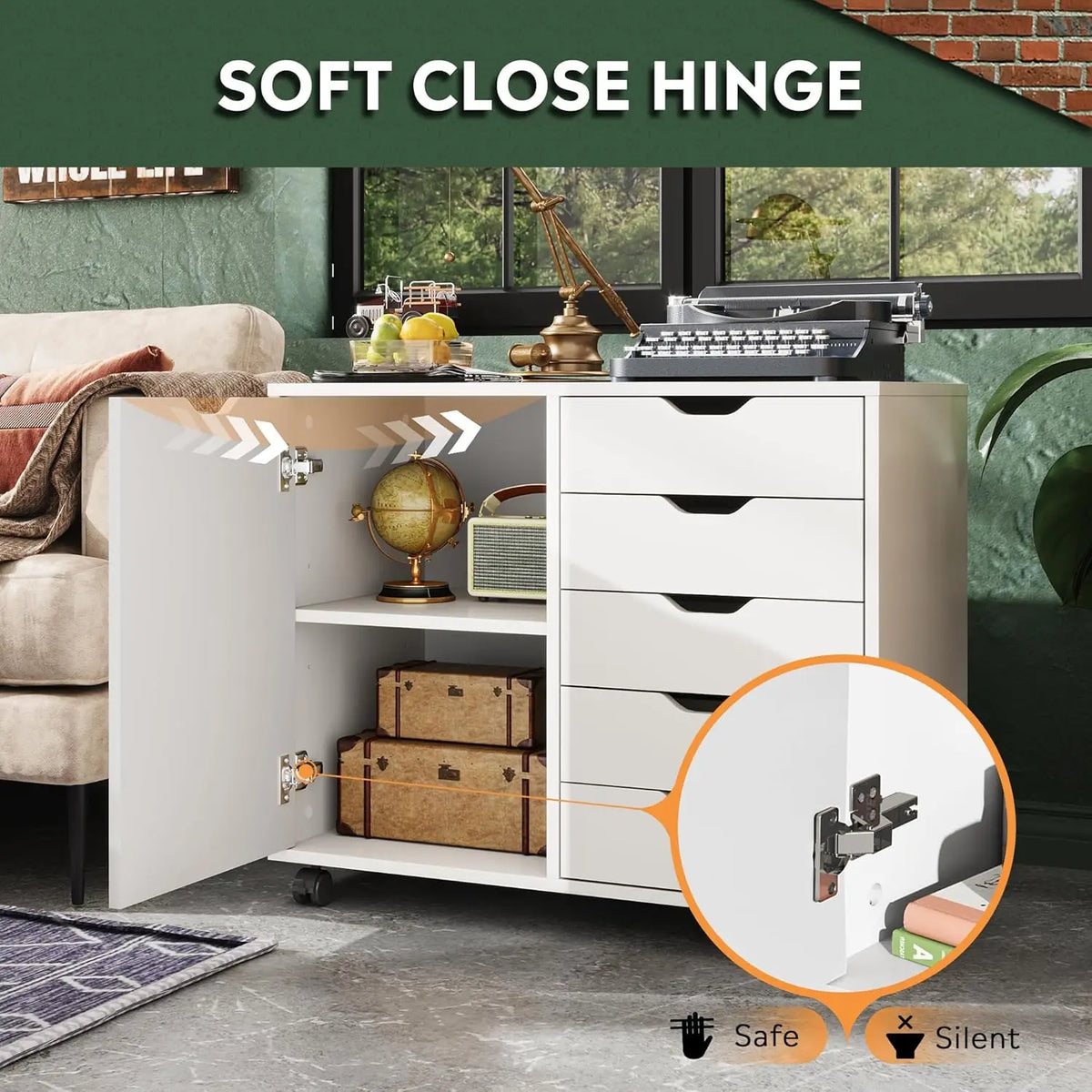 5-Drawer Wood Drawer Cabinet, Office Storage Cabinet with Adjustable Shelf & Wheels, Printer Stand for Home Office, Customized