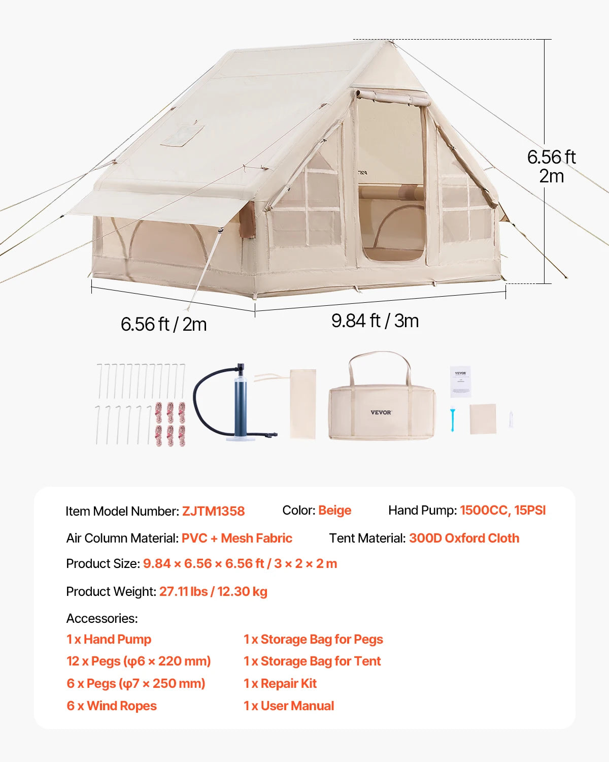 SucceBuy Inflatable Tents for Camping Easy Setup Blow up Tent with Hand Pump 300D Oxford Tent with Stove Jack Storage Bag Includ