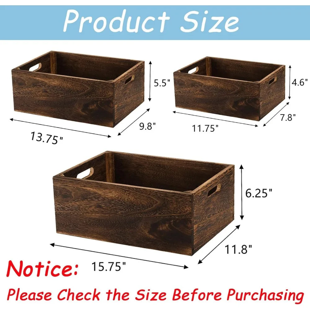Set of 3 Nesting Wood Storage Crates with Handles Rustic Farmhouse Baskets Solid Handmade Containers