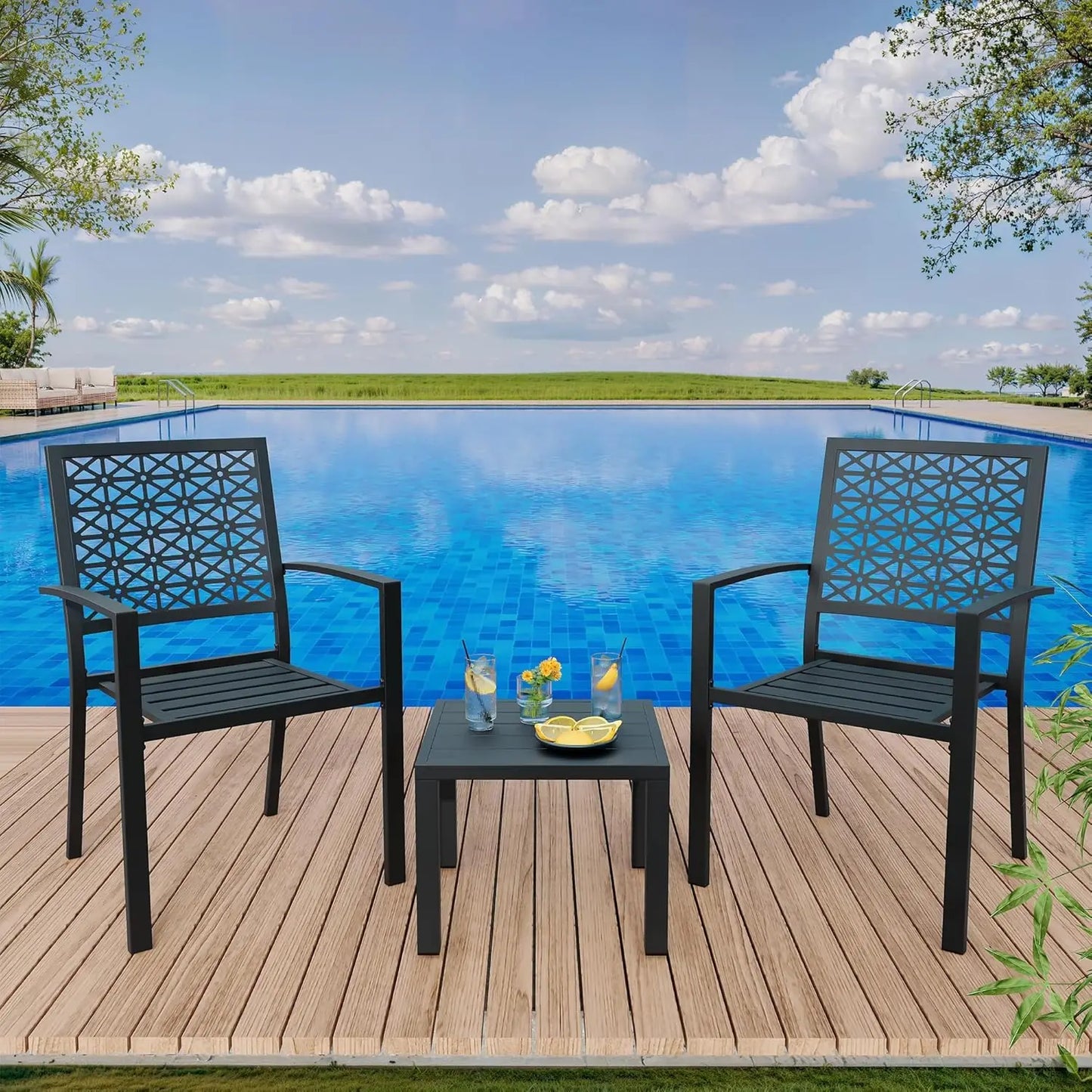 3-Piece Outdoor Bistro Set,Stackable Modern Metal Patio Furniture Set, 2 Chairs&Coffee Table,for Backyard Balcony Garden Lawn