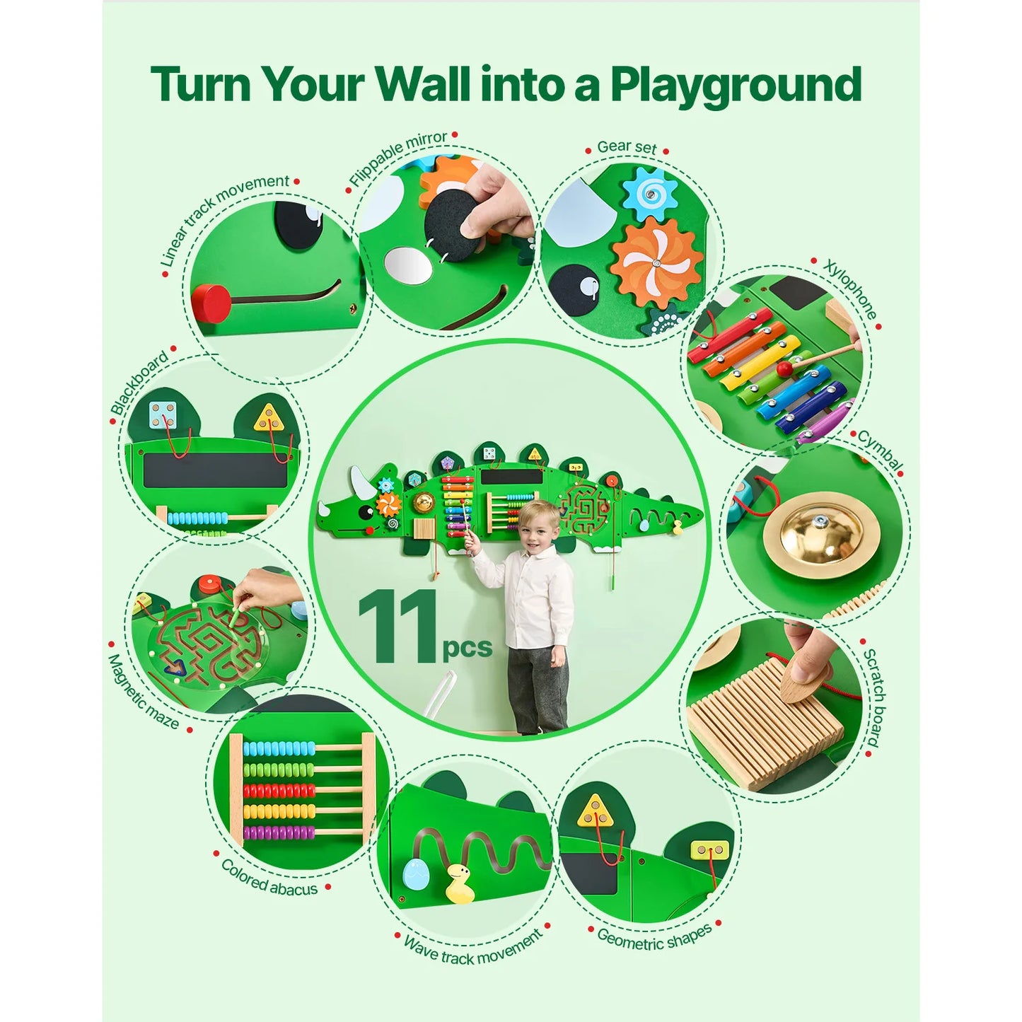 SucceBuy Dinosaur Kids Busy Wall Board 11 Activity Panels Montessori Sensory Learning Toys for Toddler Playroom Toy Gift