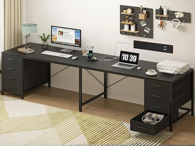 95" 2 Person Desk with 8 Drawers, Large Writing Home Office Desks with Outlets, I Shaped Workstation Double Desk Drawer Orga