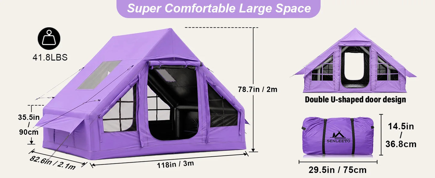 SENLEETO 67.8 SqFt Inflatable Camping Tent for 2-3 Person with Stove Jack,Black Coating Easy Setup Blow Up Tent with Skylight AC Vent Mesh Window