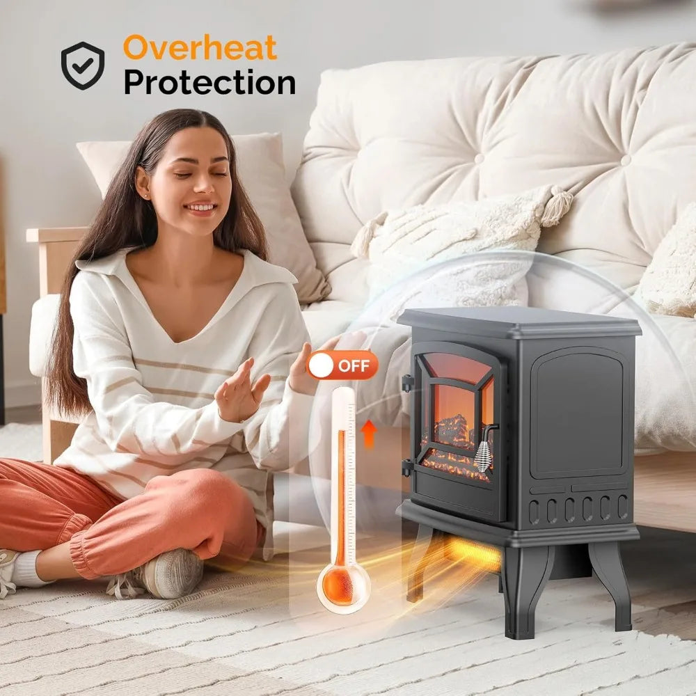 ROVSUN 20 H Electric Fireplace Stove Space Heater, 1400W Portable Freestanding with Thermostat, Realistic Flame Logs, Overheat &