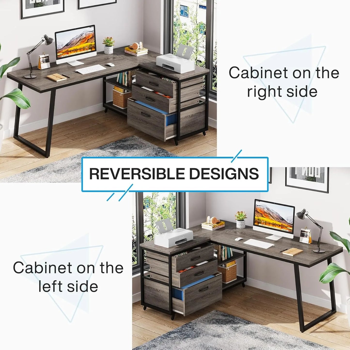 LITTLE TREE L-Shaped Desk with 3 Drawers, Reversible Corner Desk for Home and Office with Shelves, 130cm Industrial PC Desk