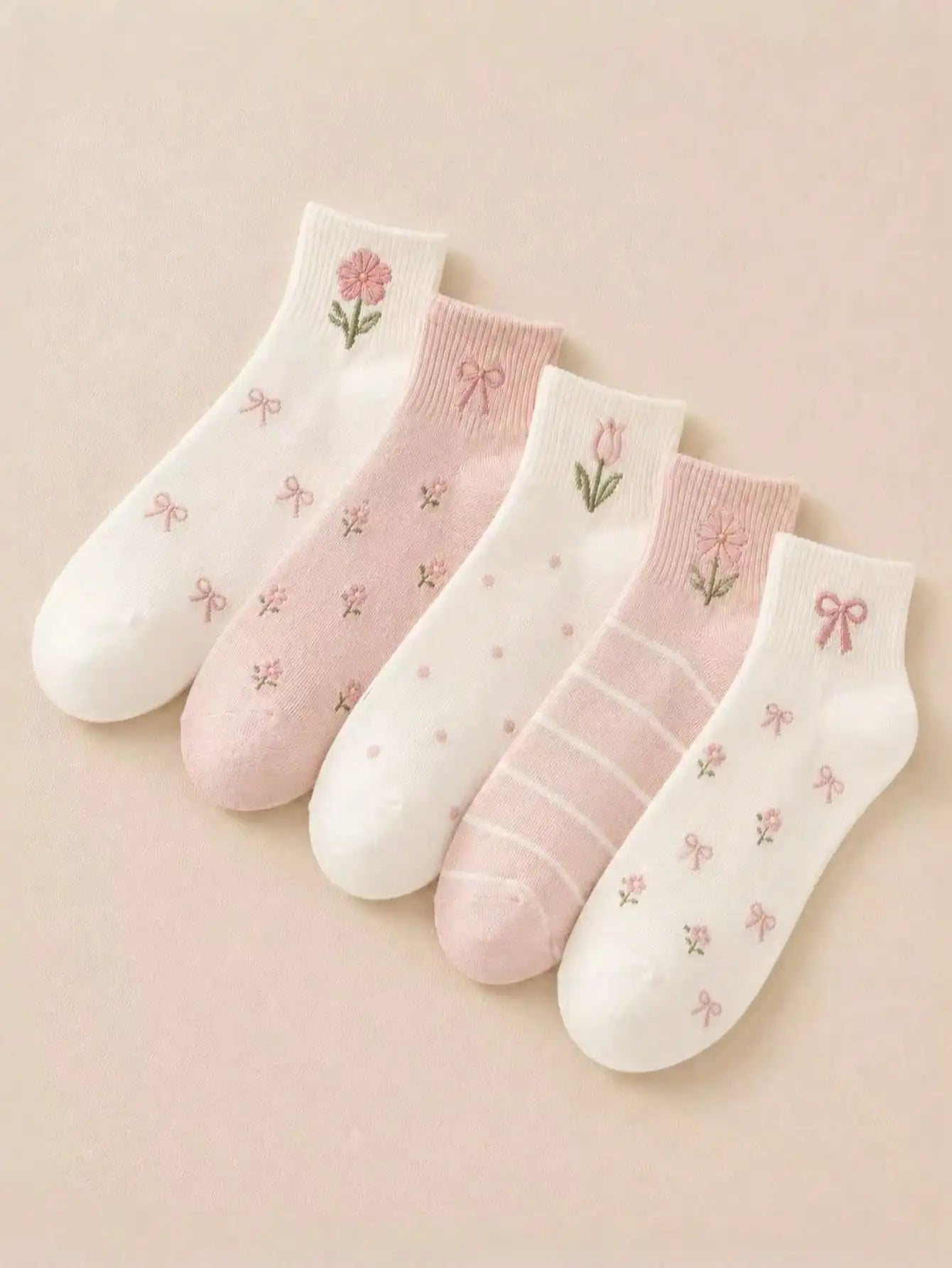 5 Pairs Women's Cute Bow & Floral Pattern Short Socks, Fashionable College Style, Comfortable & Breathable, Versatile For Daily, Sports, Casual Wear, Suitable For Spring, Summer, Autumn