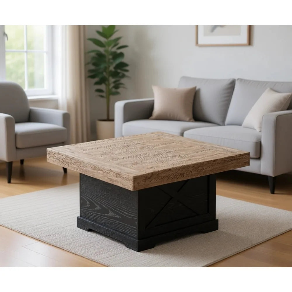 Rustic 31.5 Inch Square Coffee Table with Wooden X Pedestal for Small Spaces