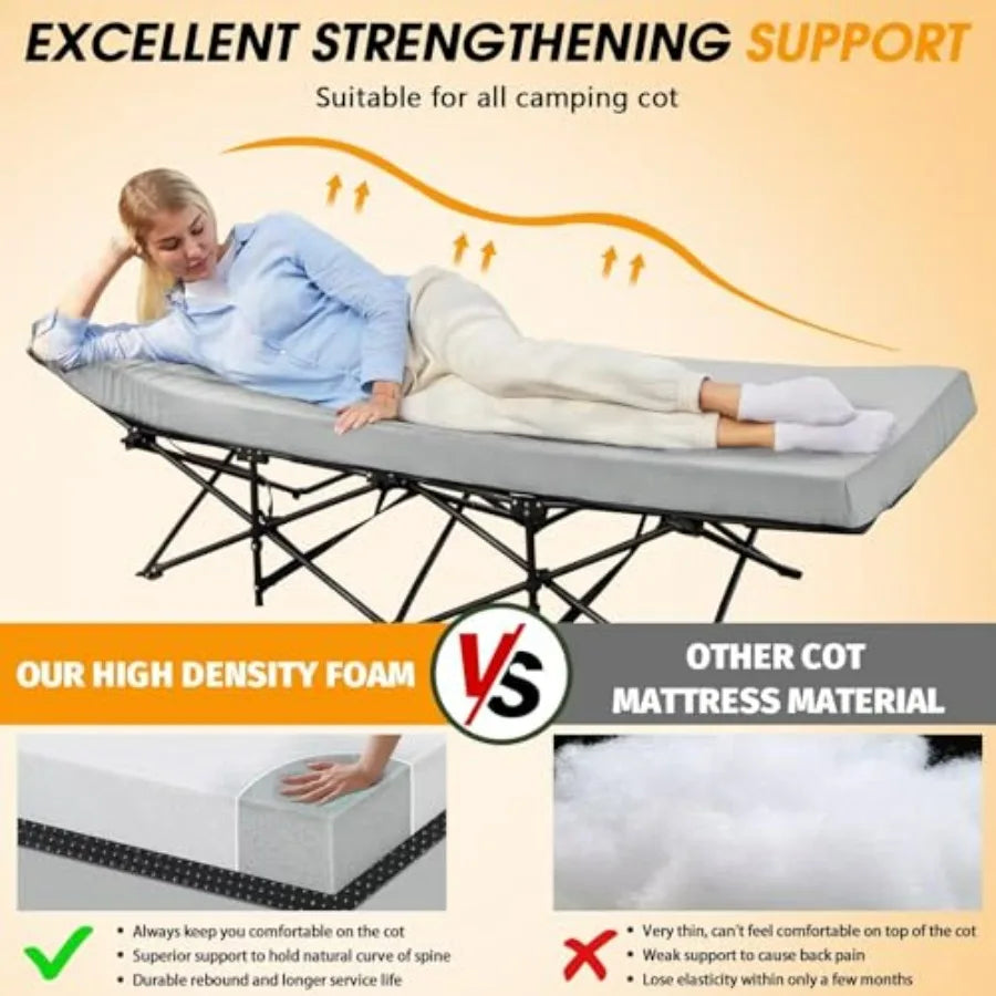 Camping Cot Mattress: 2in Memory Foam Sleeping Pad for Outdoor Use, Soft Warm Gray Non-Slip Topper with Retaining Edge, Portabl