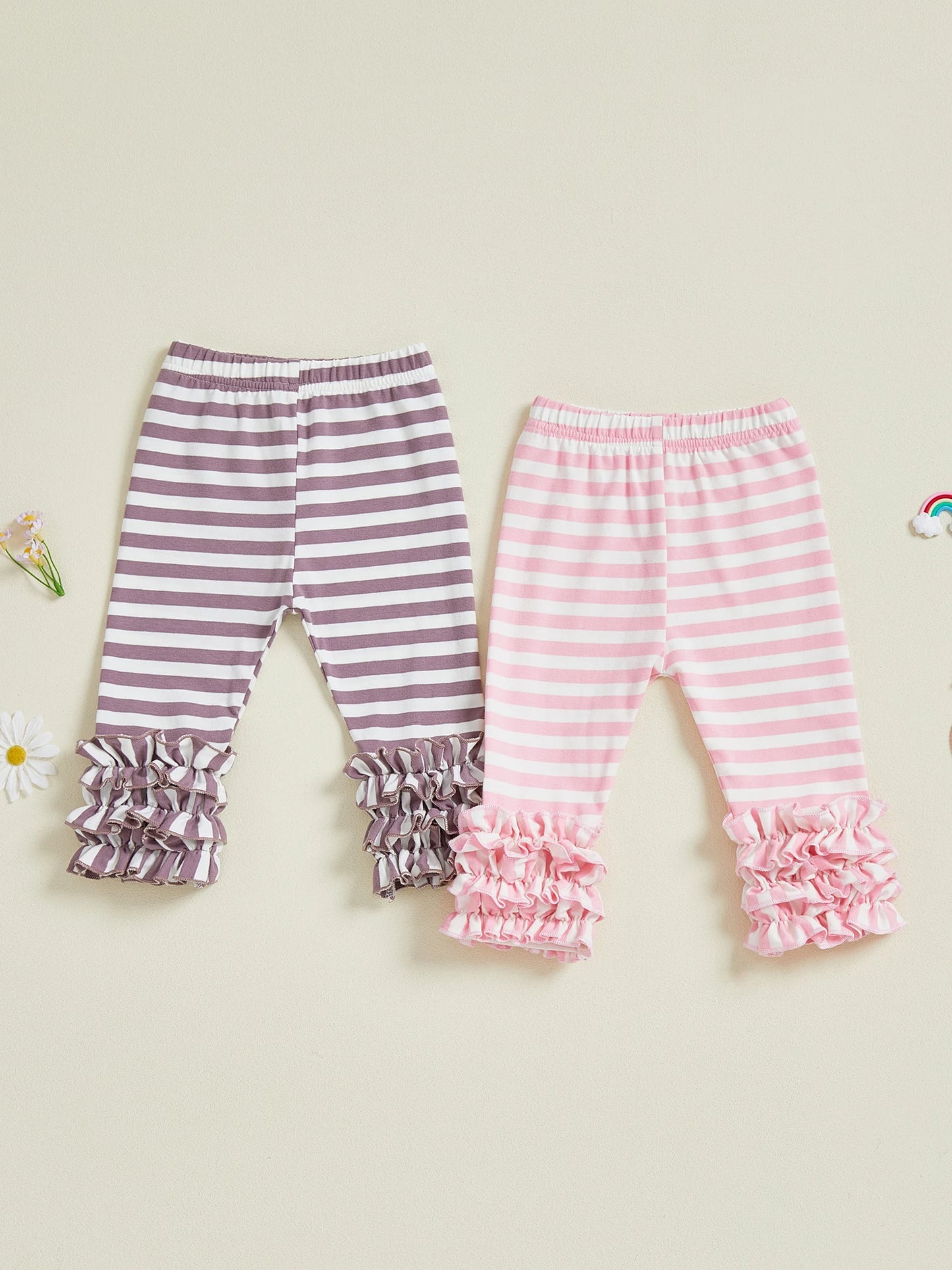 Toddler Girls Striped Leggings Elastic Waist Frills  Fit Fall Long Trousers for Casual Daily
