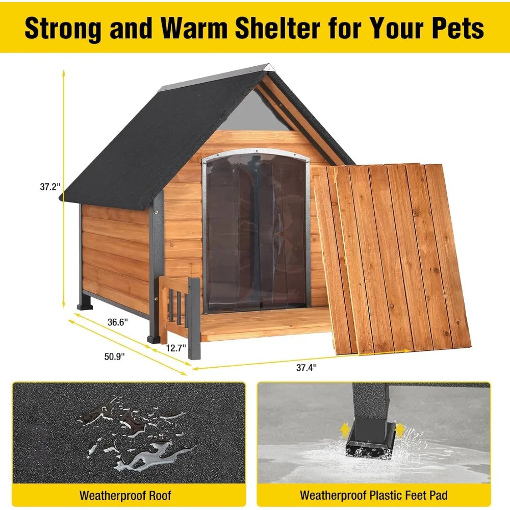Dog House Outdoor Weatherproof Chew Proof Large Dog Kennel with Metal Frame for Small Medium Large Dogs, 50.9" D x 37.4" W x 37