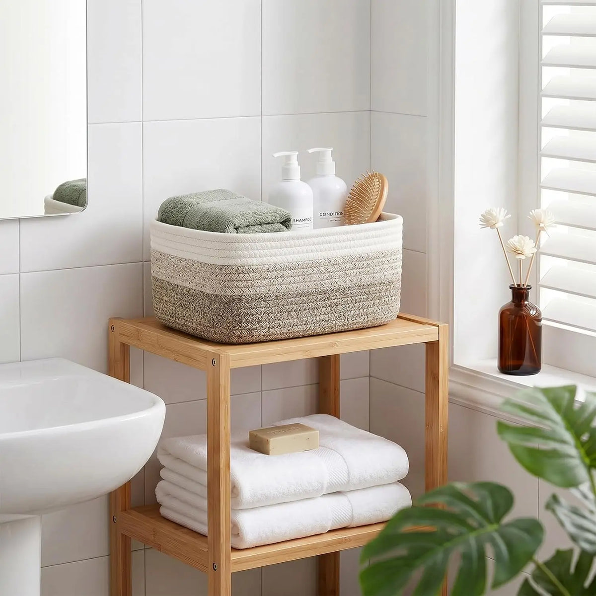 oft Cotton Rope Woven Storage Baskets Set - 3 Pack Rectangular Shelf Bins 11.8 x 7.5 x 4.7 in - No Handles, Closet Bathroom Nursery Toy Makeup Shelves & Tabletop Organizer