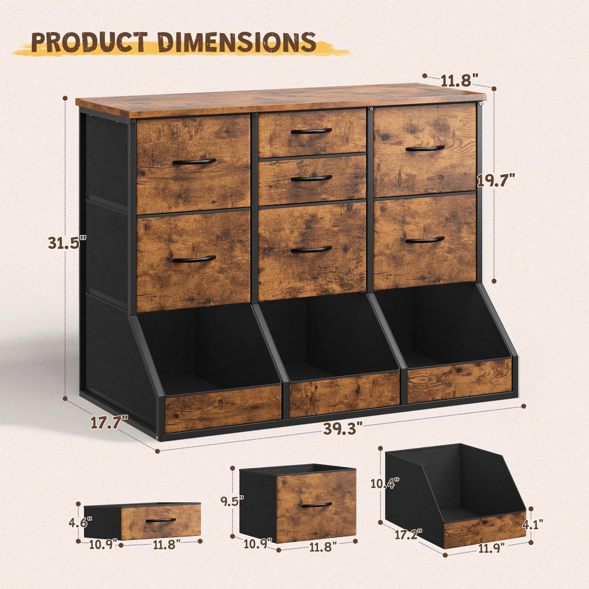 EnHomee 10-Storage Fabric Dresser – 7 Drawers & 3 Open Compartments, Wood Top & Metal Frame – 39.3"W x 17.7"D x 31.5"H – For Bedroom, Entryway, Hallway