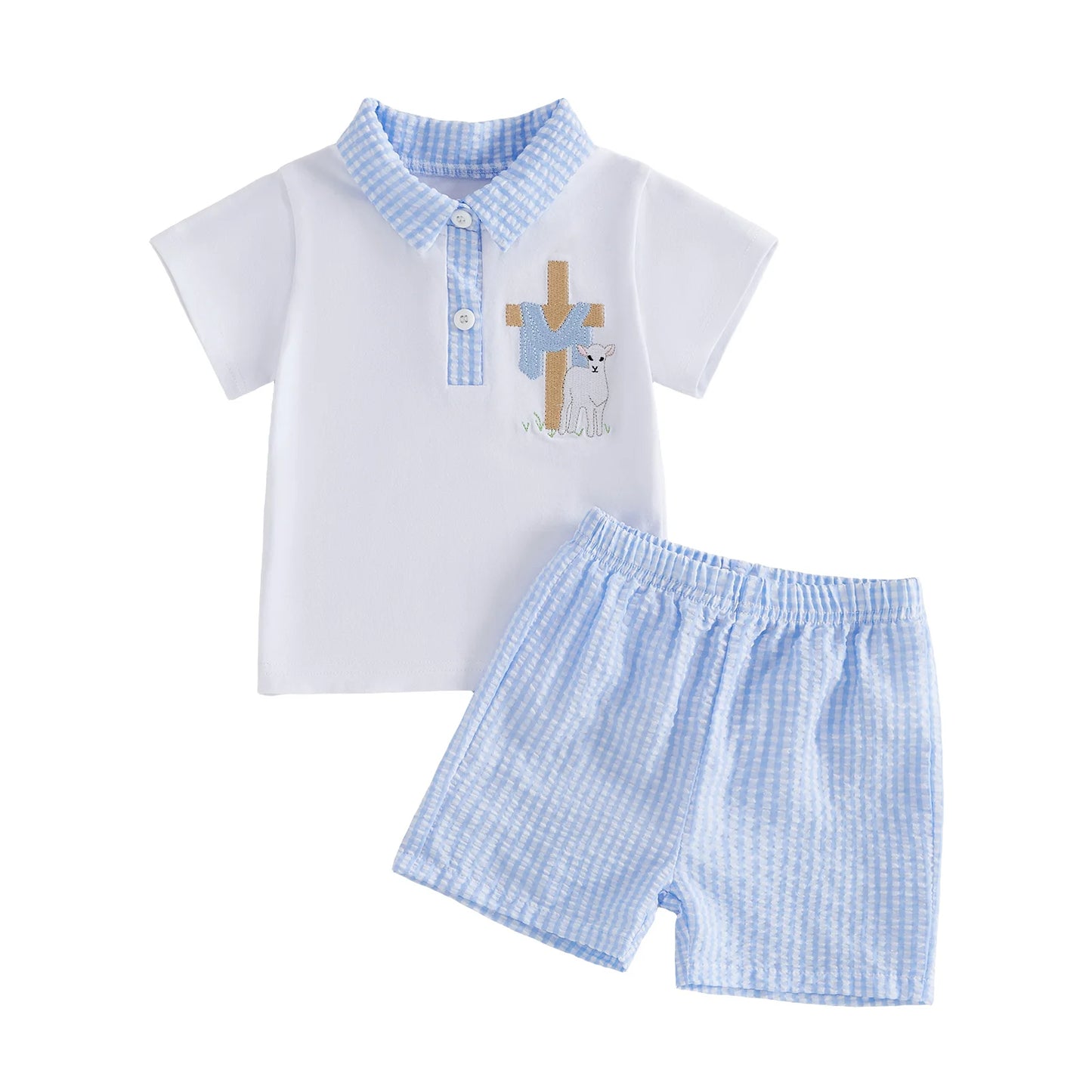 Baby Boy Easter Outfit Bunny Rabbit Embroidered Short Sleeve  Shirt and Denim Shorts 2 Piece Summer Set for Toddler