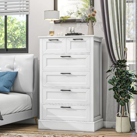 Odeekea White Dresser with 6 Drawers, Vertical Tall Dresser for Bedroom, Wood Dresser for Hallway, Living Room, Chest of Drawers