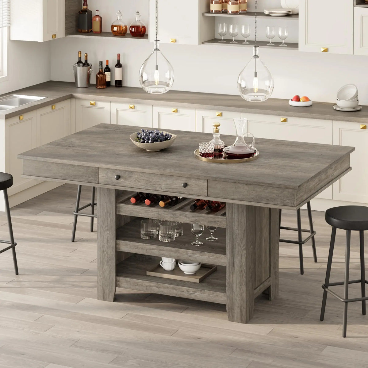 60 Inch Counter Height Dining Table For 4 To 6 With Wine Rack And Storage