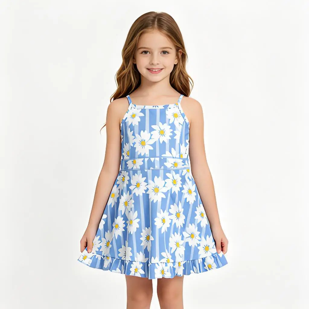 Girls Floral Printed Casual Dress Soft Sleeveless Dress for Kids