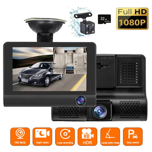4.0-Inch 1080P HD Night Vision Dash Recorder 3 Camera Cycle Recording Can Record Three Viewing Angles At The Same Time