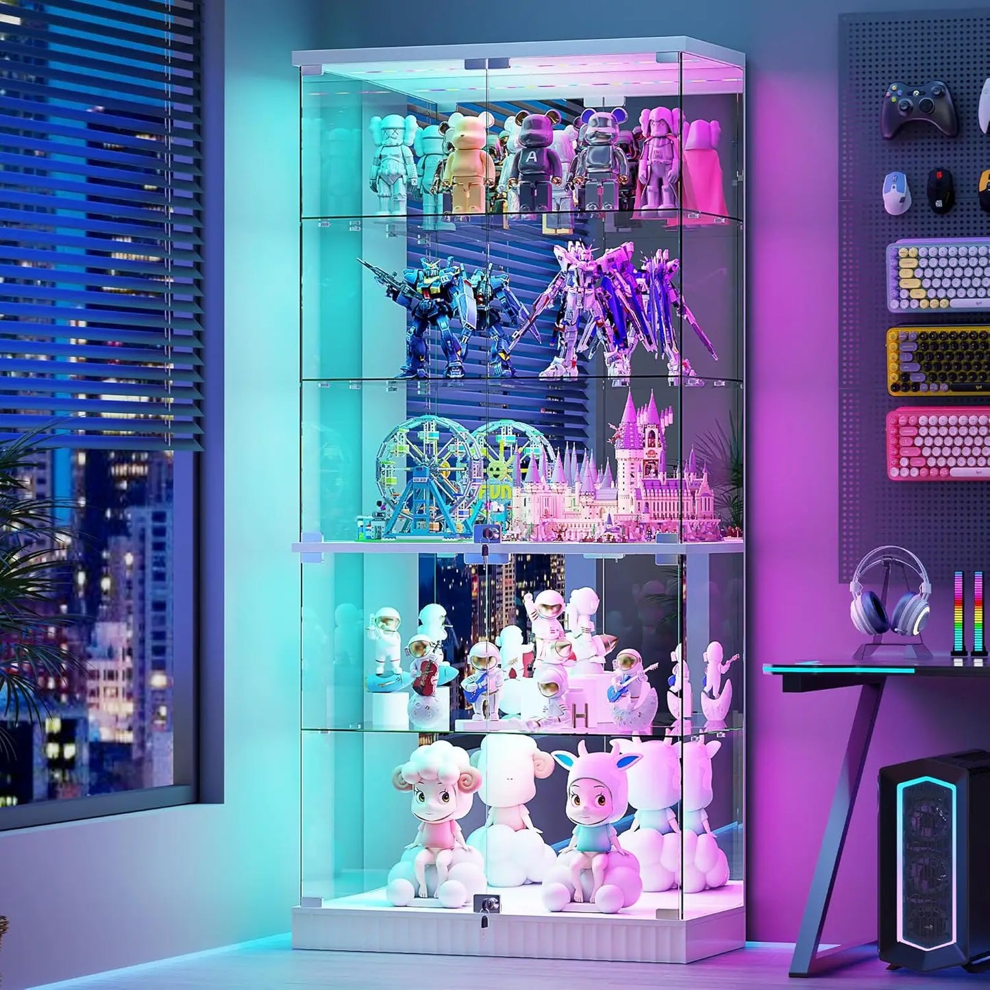 Glass Display Cabinet with RGB Lights - 5-Tiers Curio Cabinet Display Case with Lock, Frameless Tall Showcase, Customized