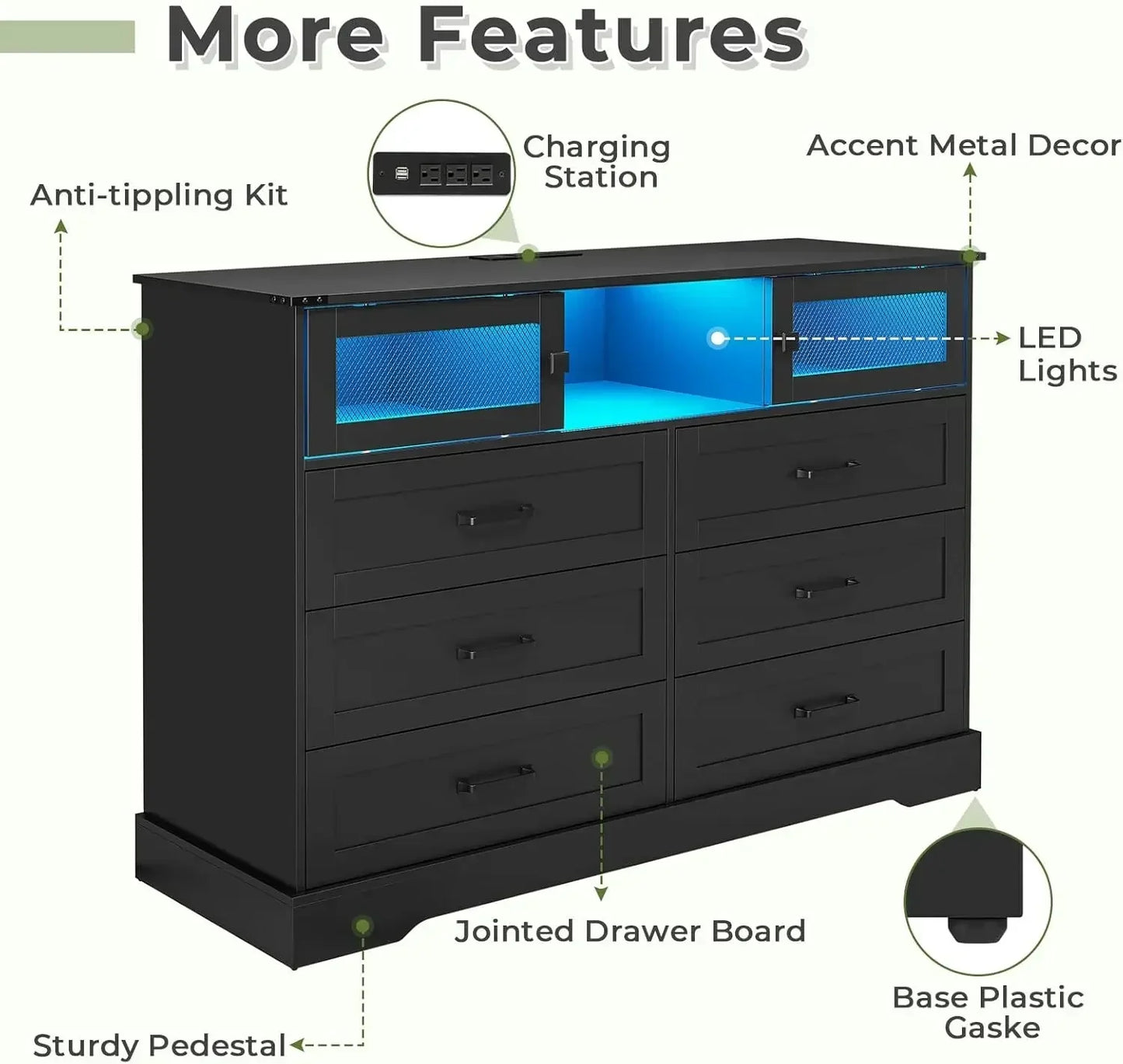 6 Drawers Dresser with LED Lights and Charging Station, Farmhouse Chest of Drawers Closet Organizer, Clothes Storage Cabine