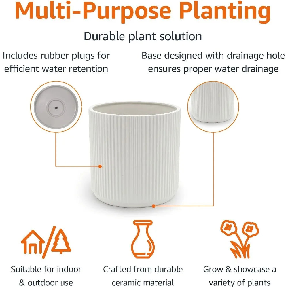Fluted Ceramic Round Planter with Drainage Hole Indoor Outdoor Flower Pot 10 inch White